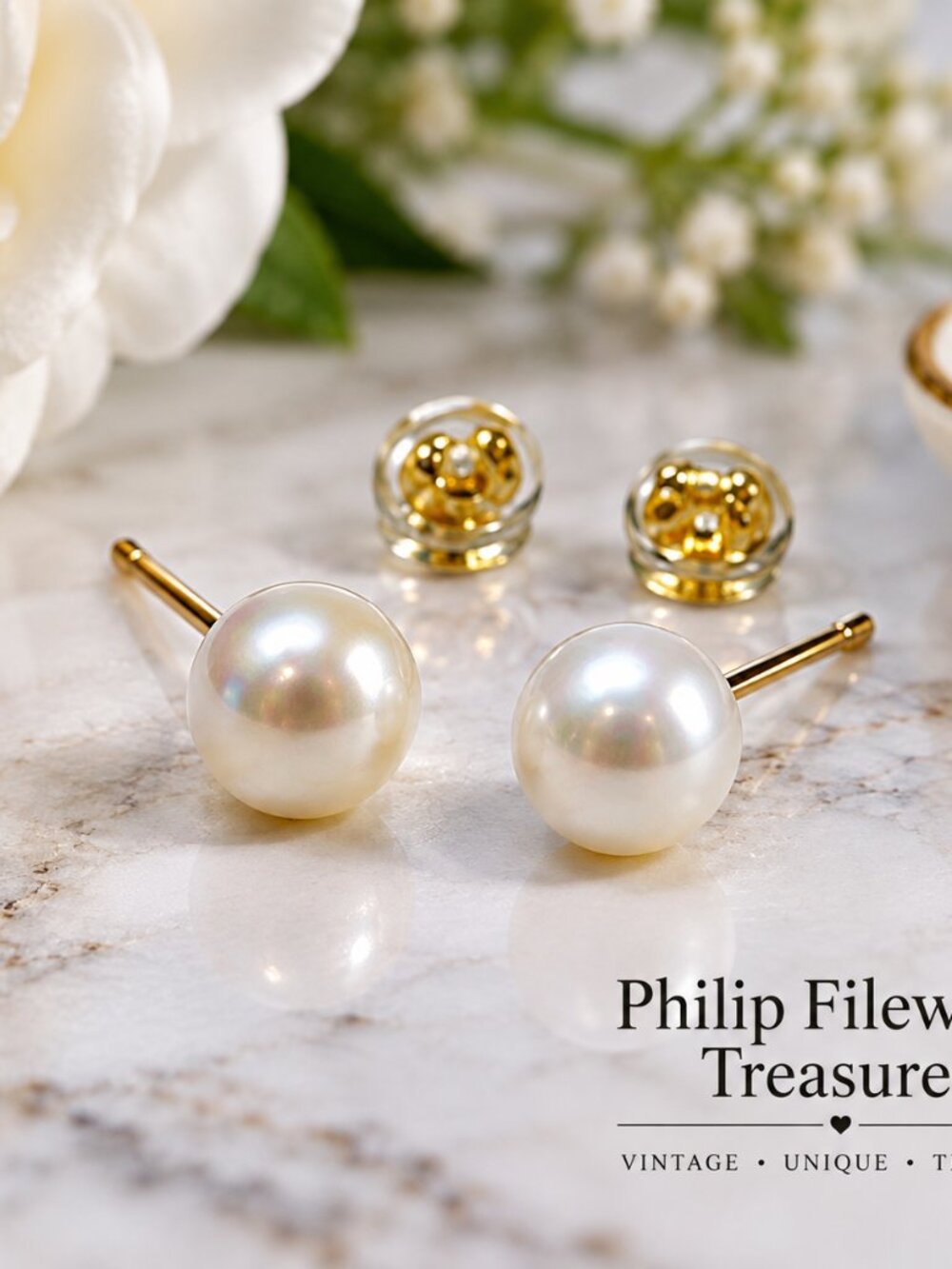 EA-26--7–8mm Freshwater Pearl Stud Earrings • AAAA White High Luster • Gold Tone